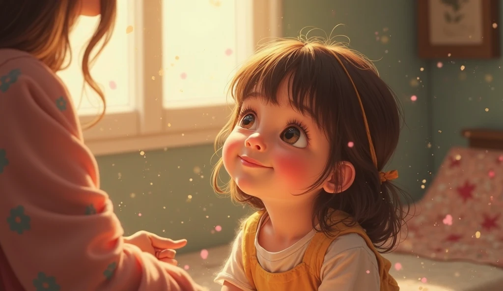 Girl looks from the front, looking out of a window, She looks very happy and surprised at what she is seeing, Everything looks very dynamic and her hair moves with the wind