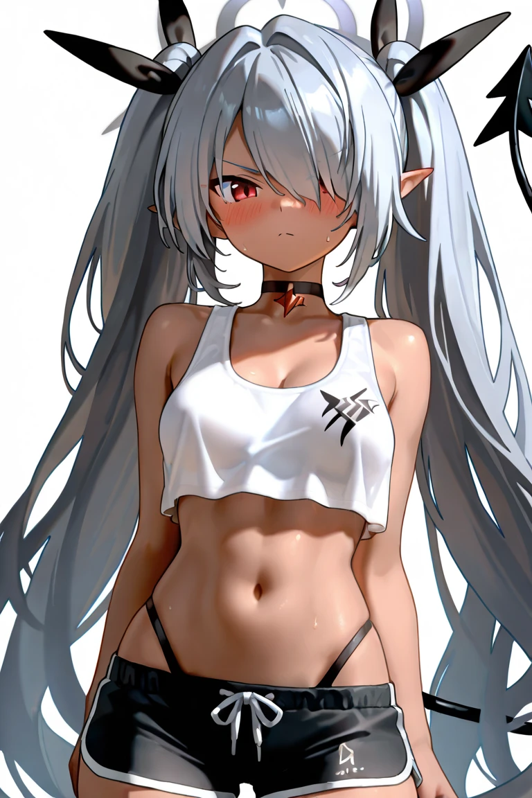 ((Girl with protruding ribs:1.4))、Raising his arms、Sexy pose、bra、(flat chest:1.3),(skinny body:1.3)、Blushing、To blush、Thick eyes、((痩せている:1.3))、white hair, long hair,