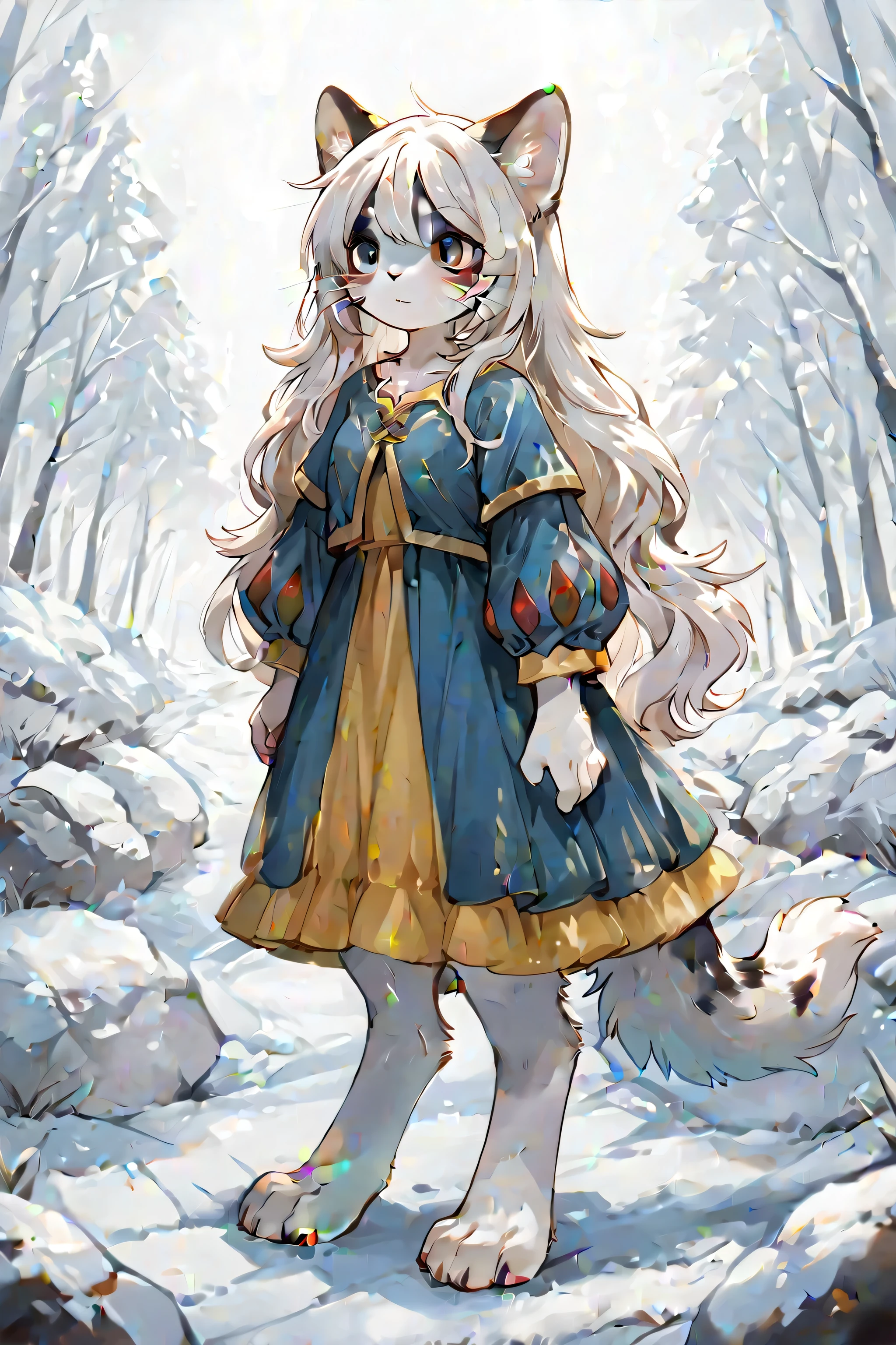 full body, wide shot,bir sokakata, girl, cat ear, cat whiskers ,no human ears, cat tail, cat muzle, furry, fluffy fur, digitigrade leg,long hair,paw(feet), snow White hair and fur.