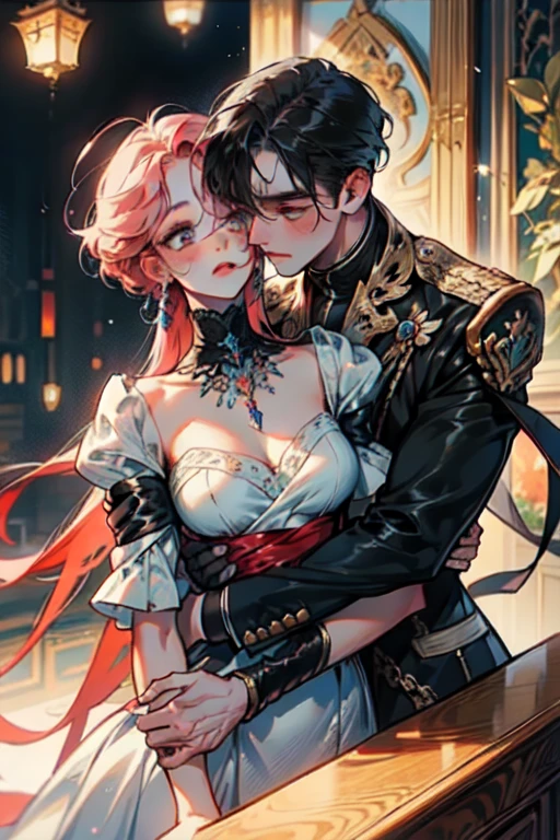 Depicts a strong werewolf hugging a blonde girl,(((black humanoid wolf))),(((Black furry humanoid wolf))),(((Beautiful sexy girl))),(((Girls wear:red head band, cloaks, big bust bra, a skirt, red long skirt,laced dress))),((Sexual suggestiveness)),Correct anatomy,详细的脸, 詳細な目,(((the right proportions))),City at night,The lights are on,romantic love story,Warm picture,a warm color palette,(post impressionist),(Fechin Oil Painting - Fechin Oil Painting , oil painted), 005