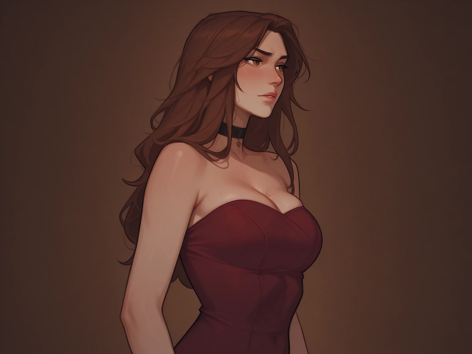 Beautiful woman with long nlack hair and blue eyes, fair skin and pink lips. Wearing an elegant off shoulder red dress.