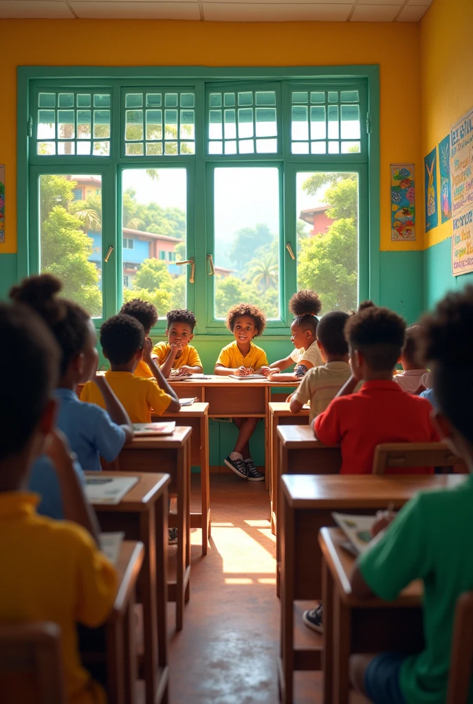 Uma classe de alunos jovens, felizes, por estarem aprendendo. The teacher explains the matter