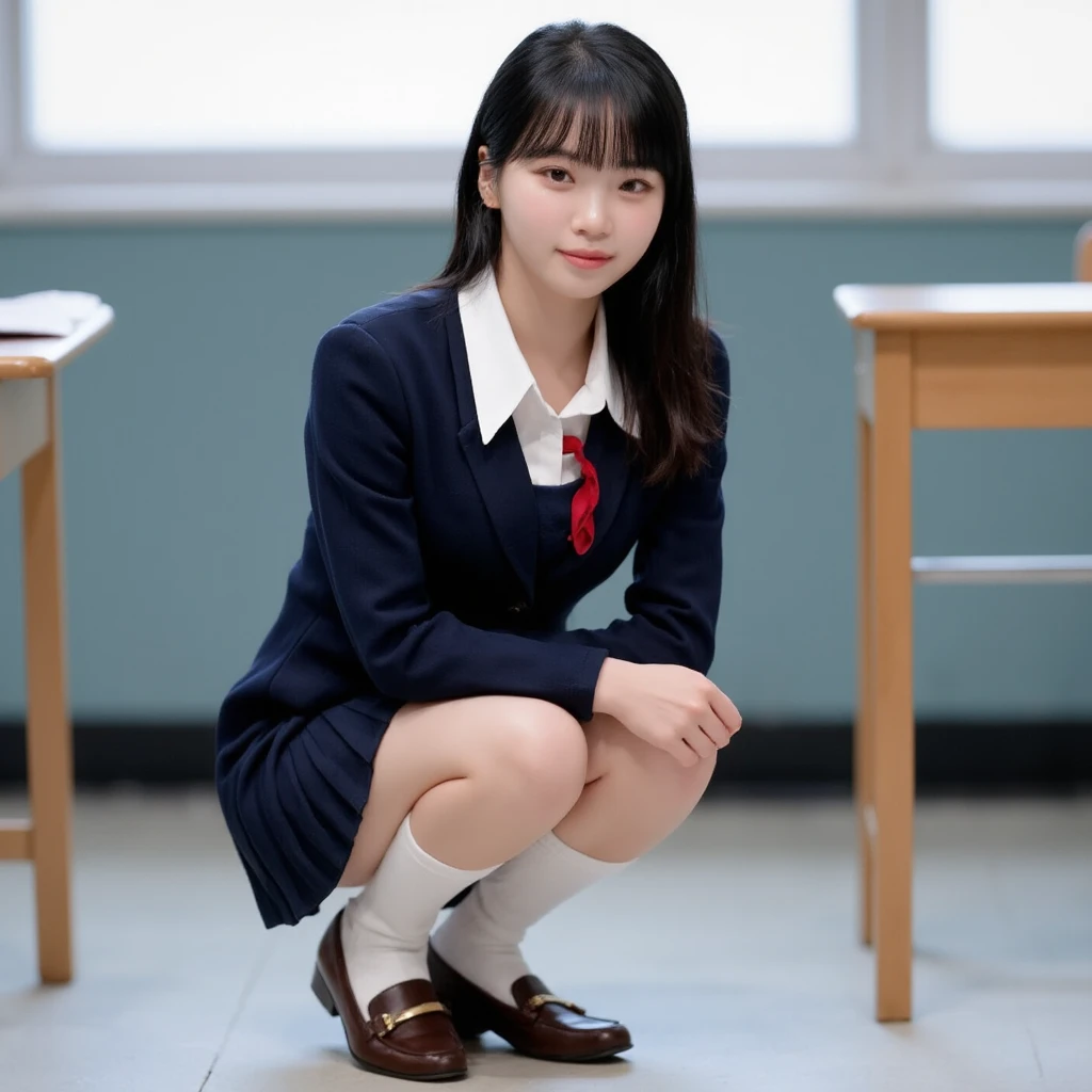 masutepiece, Best Quality, hight resolution, US1, Purple eyes, Yui Arakaki、School uniform, Blue skirt, neckerchief, White socks, Pleated skirt, Long sleeves, White shirt, blue sailor collar, (Panties:1.1),White panties,Ribbon panties,sockes,shoe,Sitting,leg spreads
