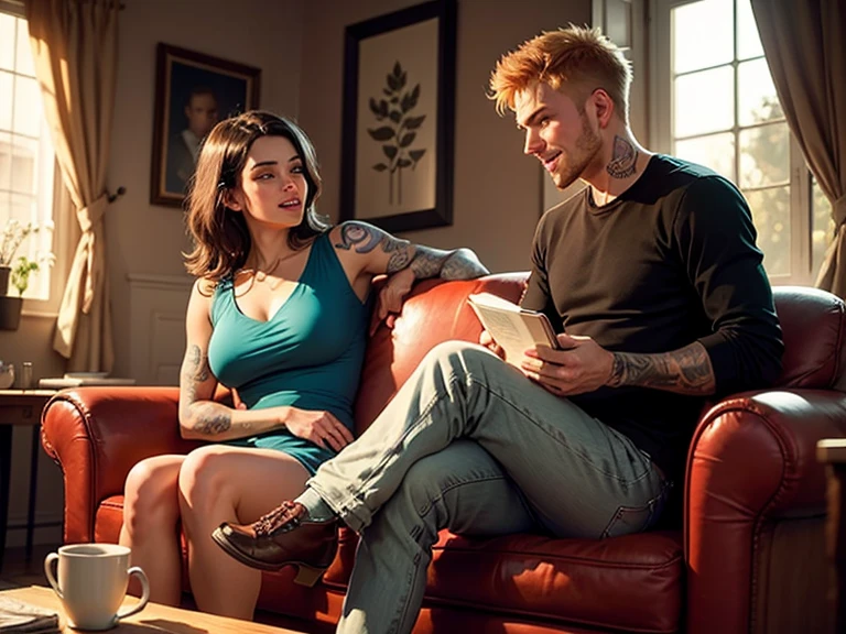 170 cm tall, 24-year-old woman with very pale skin, vibrant maroon wavy medium-length layered hair, parted to the side, fit figure, long turquoise top, black pants and grey flats with a tentative expression sits next to a very tall 209 cm tall, 29-year-old muscular attractive man with black short layered swept back wavy crew cut hair, short black facial hair, shirtless, Mediterranean-Native American features, black t-shirt and black cargo pants kind smile expression, sitting on the other side of chaise lounge right underneath a window inside a huge empty dark wood library. Photorealistic, cinematic.