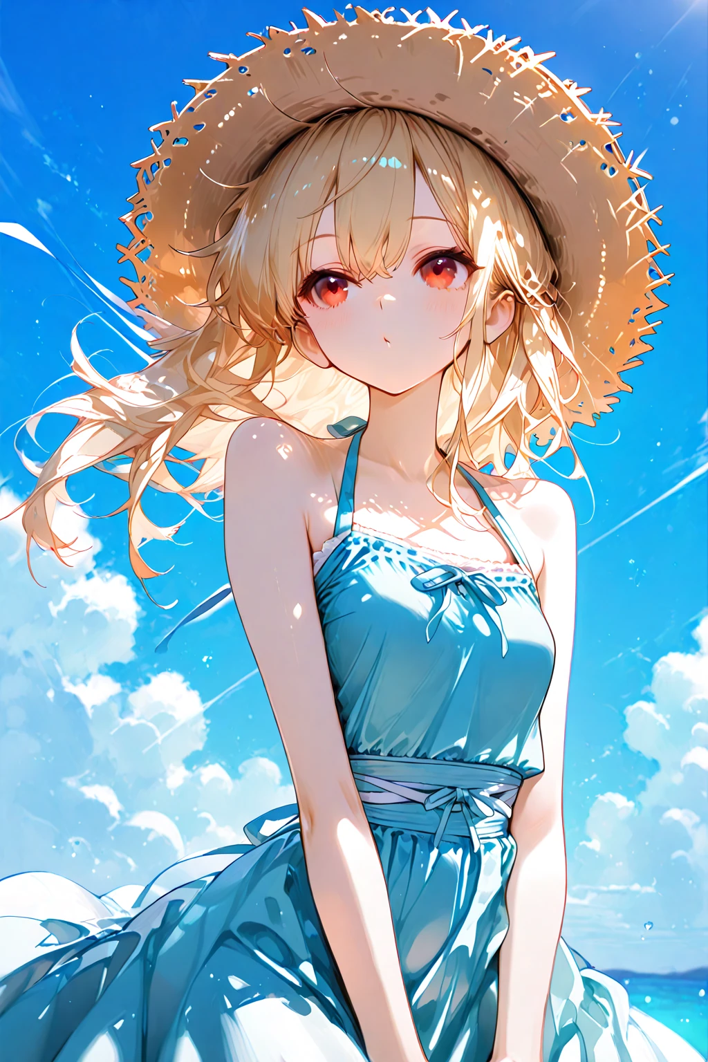 1girl,(cute round face:1.1),light brown hair,braid,green eyes,sundress,walking on a street,straw hat,santorini,ocean,flower,
(masterpiece:1.2),(best quality:1.2),(absurdres:1.2),(detailed background:1.2),detailed light,bloom,<lora:aesthetic_anime_v1s:1>,