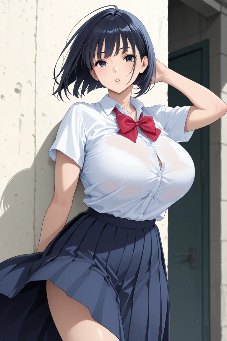 (masterpiece, highest quality, super detailed) (1boy and 1girl:1.5), (sumika), shota, 1boy, 1girl, breasts, hetero, solo focus,, pov (slim:1.7), short hair, black hair, (big breasts:1.5), raised, Wet , Sweat, beautiful face, (Big eyes:1.5), cute, fog, (school uniform:0.6), (white shits:1.4), (Pleated skirt:1.4) (from side:1.5), JP SCHOOL UNIFORM, bra showing through clothes, pink bra, JS_ShortSkirt, (micro mini skirt)