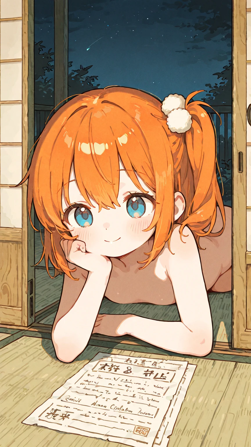 (masterpiece), (best quality), alisa_southerncross, 1girl, solo, long_hair, hair_ornament, twintails, purple_eyes, pantyhose, sky, day, orange_hair, hair_bobbles, head_wings, flying, naked, completely naked, barely naked, sitting, spread legs, spreading legs, wet pussy