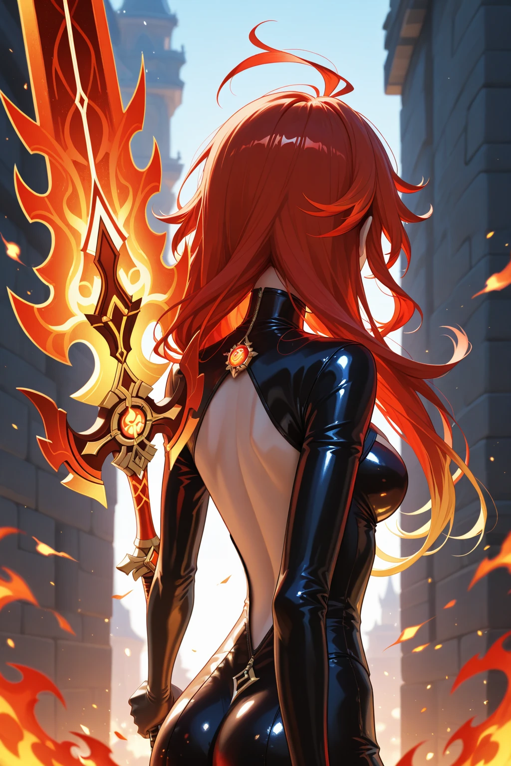 Garota de internet de corpo inteiro com rabo de cavalo. Bright red indicates she's an online girl. Personagens de anime com cabelos ruivos e fantasias pretas segurando armas, But there are skirts. She also has blue eyes. The environment is similar to a terminator. The hair is black. Your face is illuminated by the bright red color on one side of your face. Como LEDs. And both hands also have LED lights.