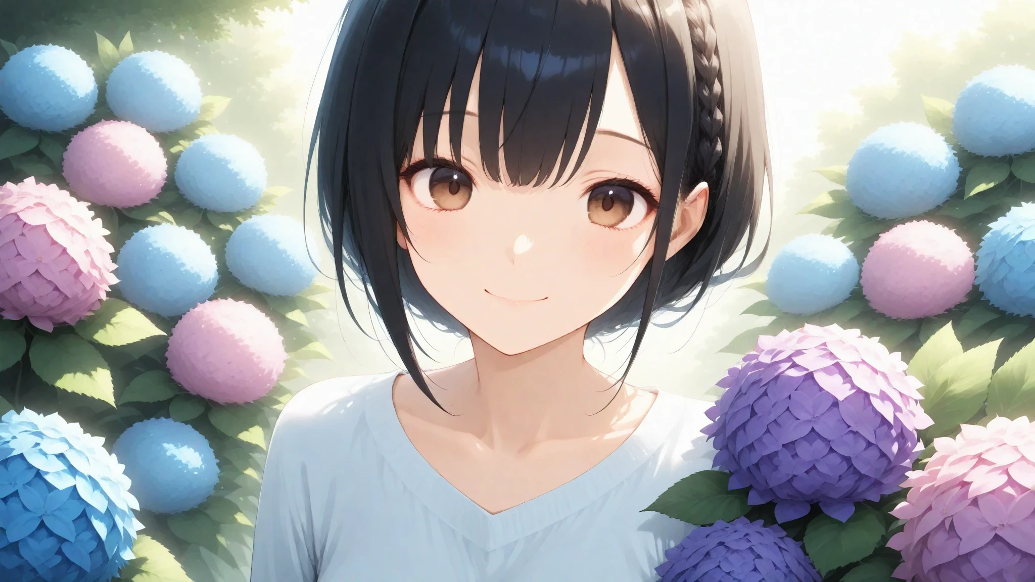 best quality, 1girl, (light blush:0.5), (blush:0.2), short hair, shoulder length hair, black hair, [brown hair], bangs, smile, (brown eyes), freckles, (small breasts:1.4), medium breasts, (plump:0.1), (innocent:1.2), (loving expression:0.9), (10 years old:1.7), sketch, (wearing tank top:1.2), no bra, (nipple outline:0.9), (covered nipples:1.35), [curly hair], sunlight, sun beams, grass, surrounded by flowers, (evening setting), (close-up:1.35), (from above:1.24), (looking at viewer:1.2), (facing viewer:1.2)
