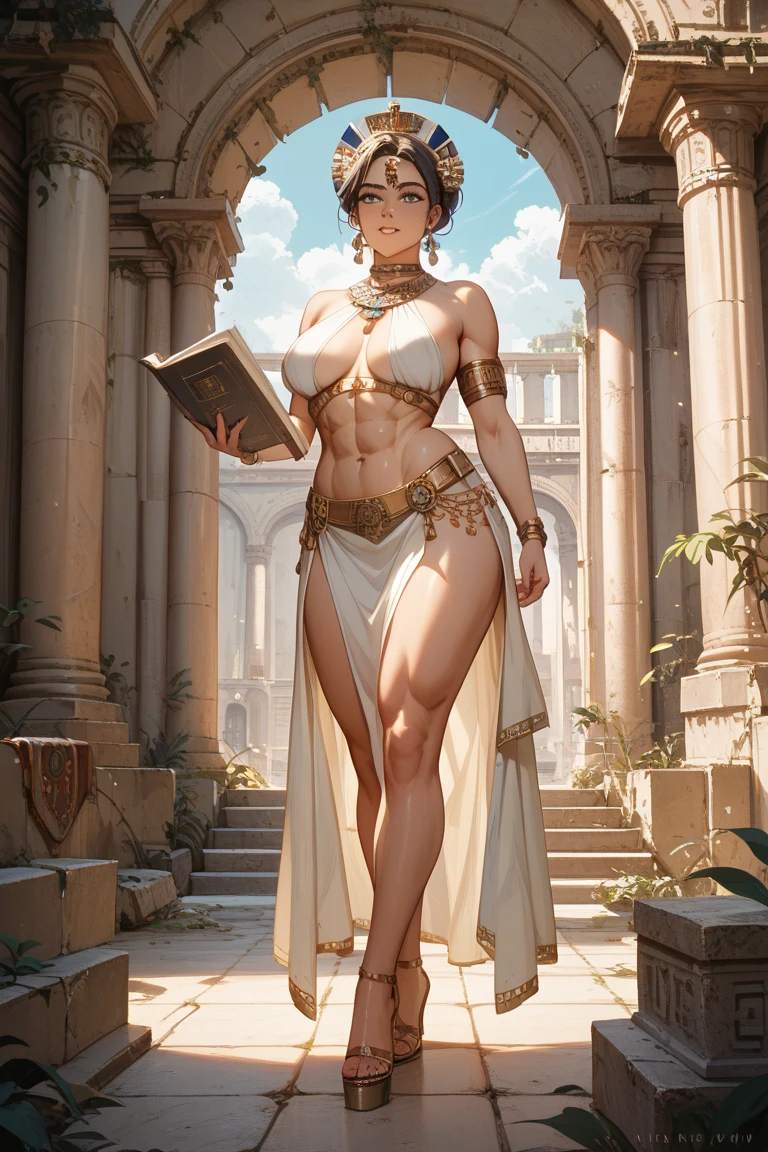 Oil painting of Lucy Pinder, young, beautiful, as Queen of Sheba, wearing an elegant silk gown, large Diamond necklace, a delicate tiara studded with precious stones, deep cleavage visible, holding a book in her hand, standing in her palace court room, large pillars in background, smiling, by Boris Vallejo, Frank Frazetta