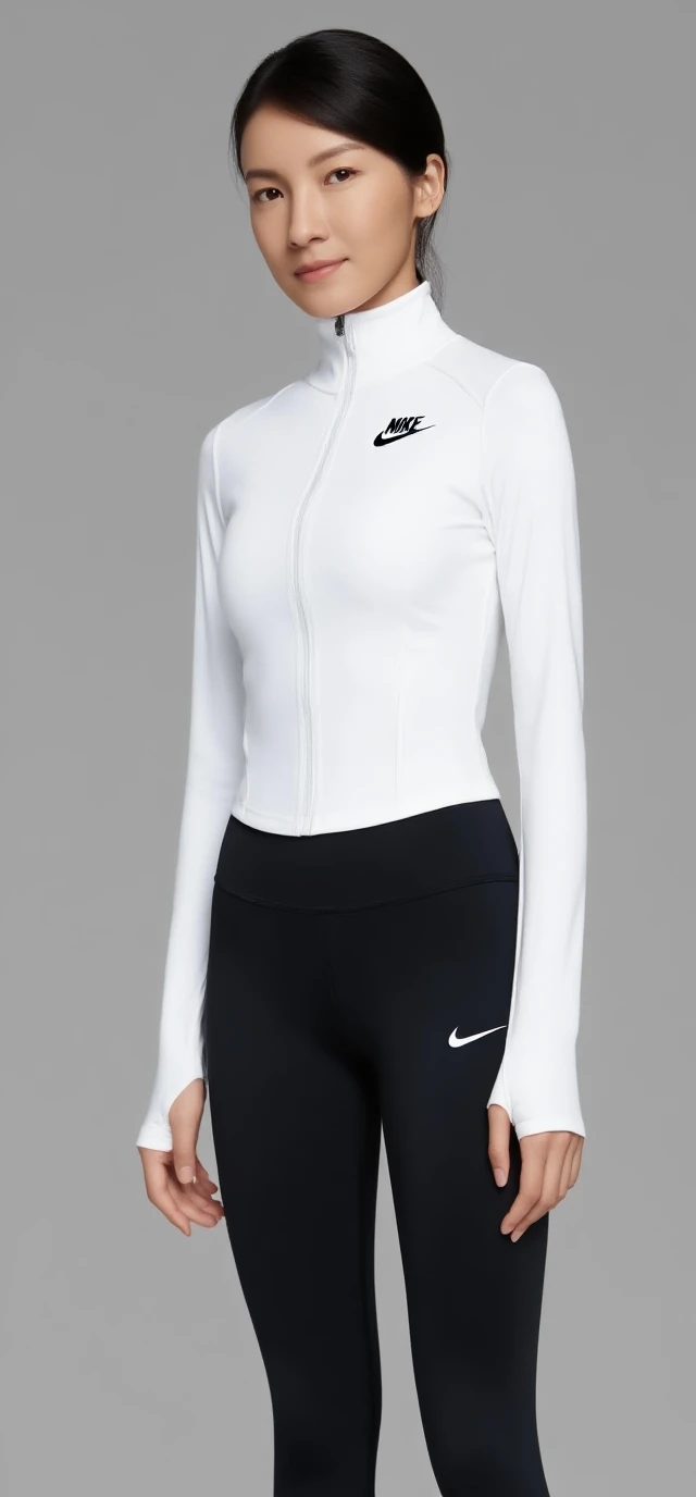 photo by full body. 18 year old young woman. Russian. blonde. clear eyes. shoulder hair. Rosto angelical. Wearing white leggings with white and pink Nike Shox. Wear gaiters. Wears a top without a bra. medium breasts. Tem piercing no umbigo.