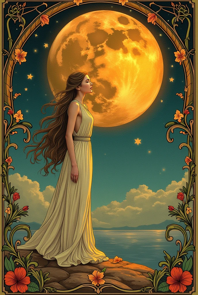the star ( tarot card) a black-skinned woman with long, straight hair standing above the water of a lake, It's nighttime with the sky full of stars. Around it are beautiful meadows and candles as a source of light