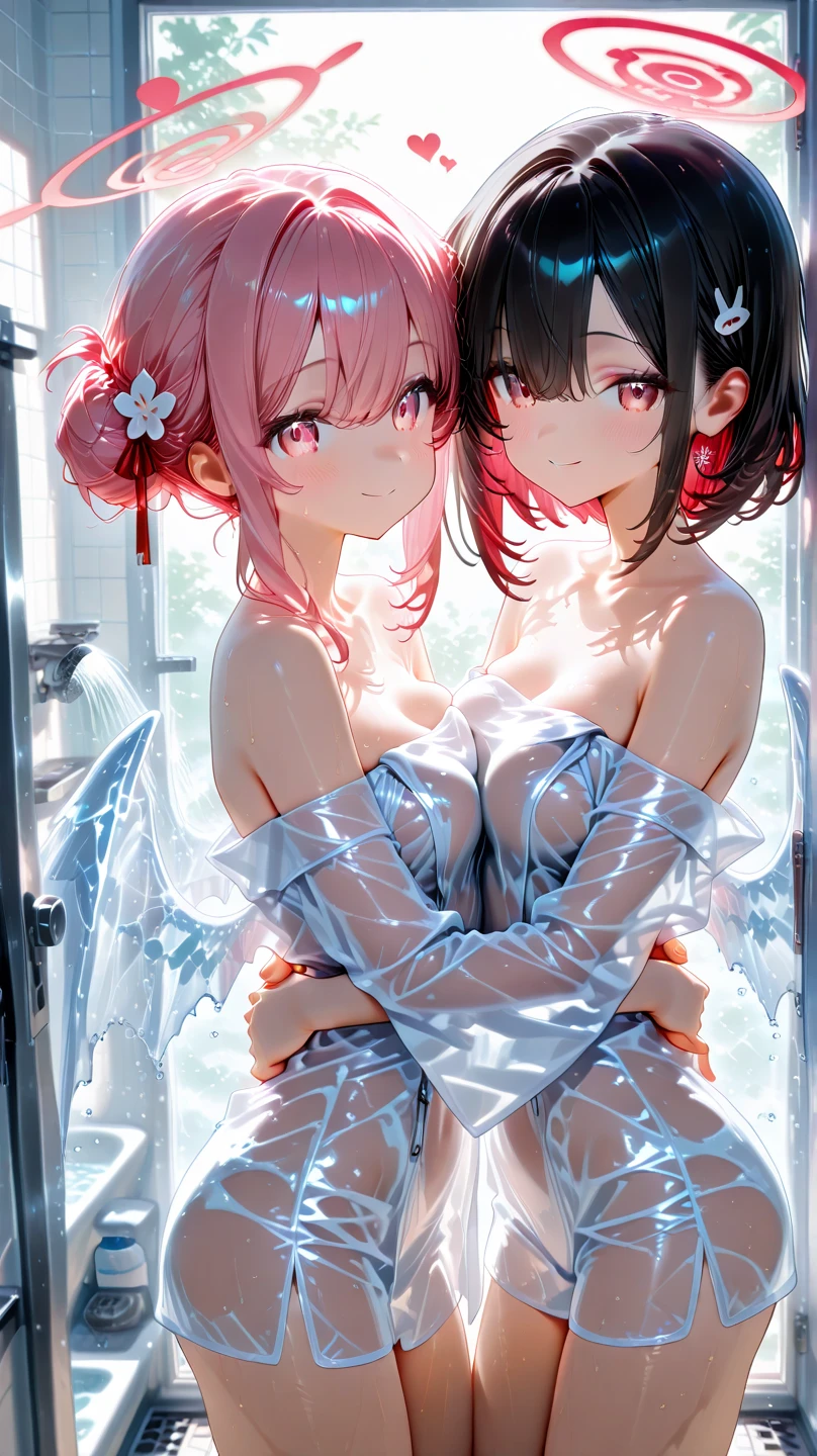 (barechested:1.8), (see-through langerie:1.3), (blushed:1.4), a smile, cowboy shot, ((A-cup))、full bodyesbian、undergarment、outside of house、A Korean Woman --auto
