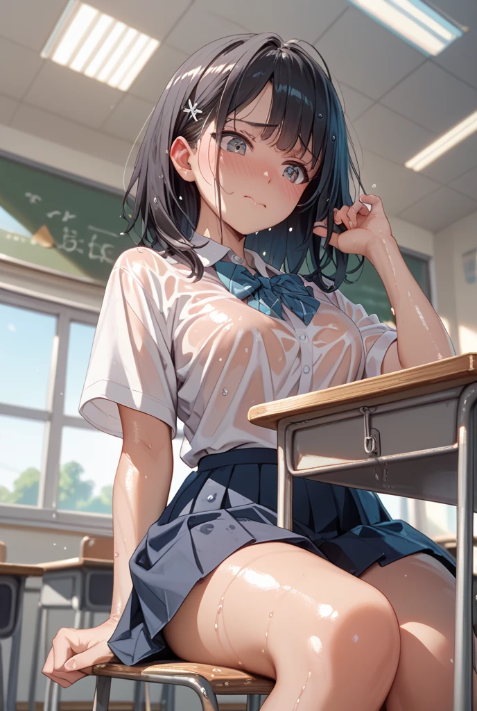 best quality,masterpiece,1girl,solo,(((NSFW))),(((9years old))),japanese girl,an extremely cute and beautiful girl,highly detailed beautiful face and eyes,petit,cute face,lovely face,baby face,shy smile,show teeth,black hair,medium short hair,Hairless pussy,flat chest,skinny,slender,(((wearing a wet transparent white short shirt and grey mini skirt))),(((standing in a classroom))),she is looking at the viewer,hands lift up dress,(upskirt above the waist:1.1),(no panties:1.1),(legs spread wide:1.1),(no bra:1.1)