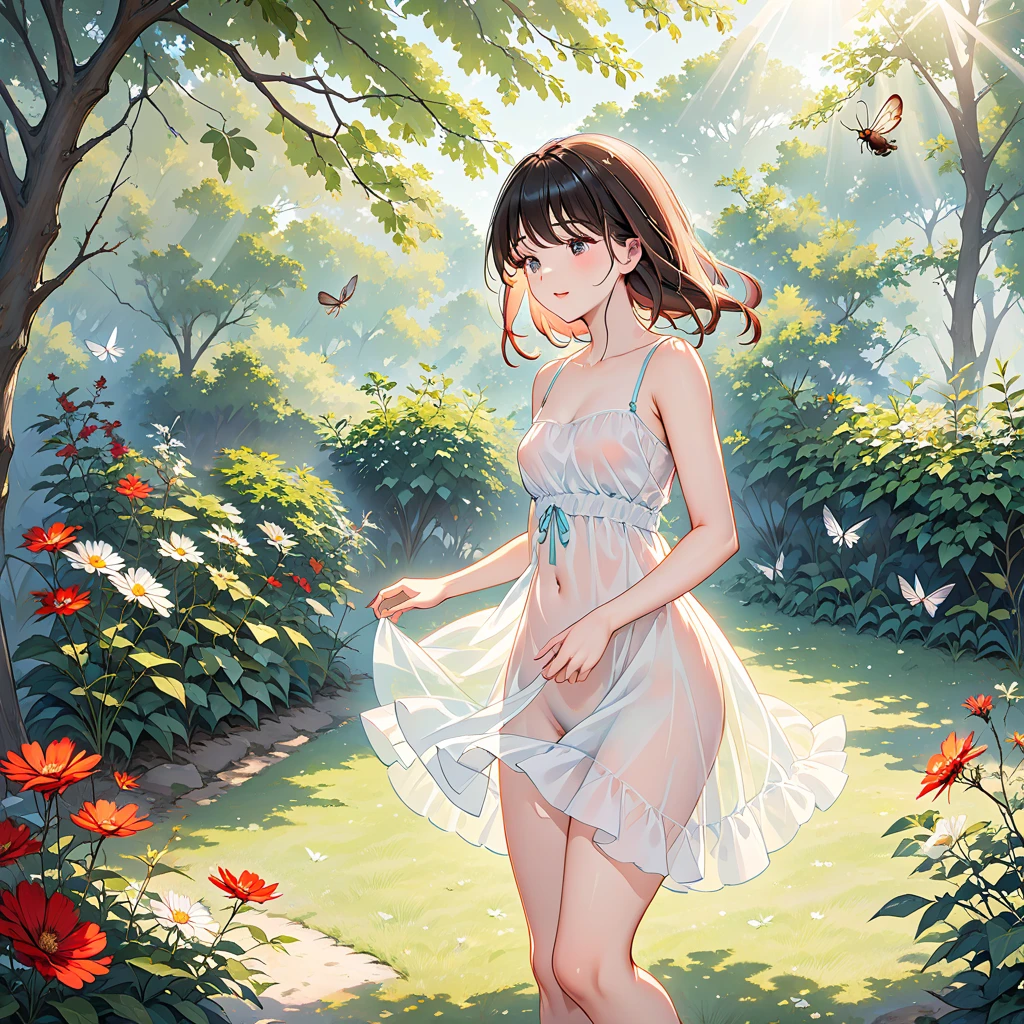 work of art, best qualityer, absurderes, perfect antomy, 1 girl, standing alone, PascalTales, shorth hair, comely, happy, Sunnyday, Botanical Garden, summer breeze, summer dress, flower print, wavy hair, smiling