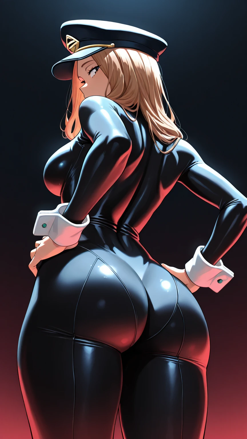 An amazing vintage illustration of a provocative curvy Catwoman (1966, Julie Newmar), tight black vinyl catsuit, looking over shoulder, from behind, thigh-highs, comic book style, flat colors, (detailed face:1)