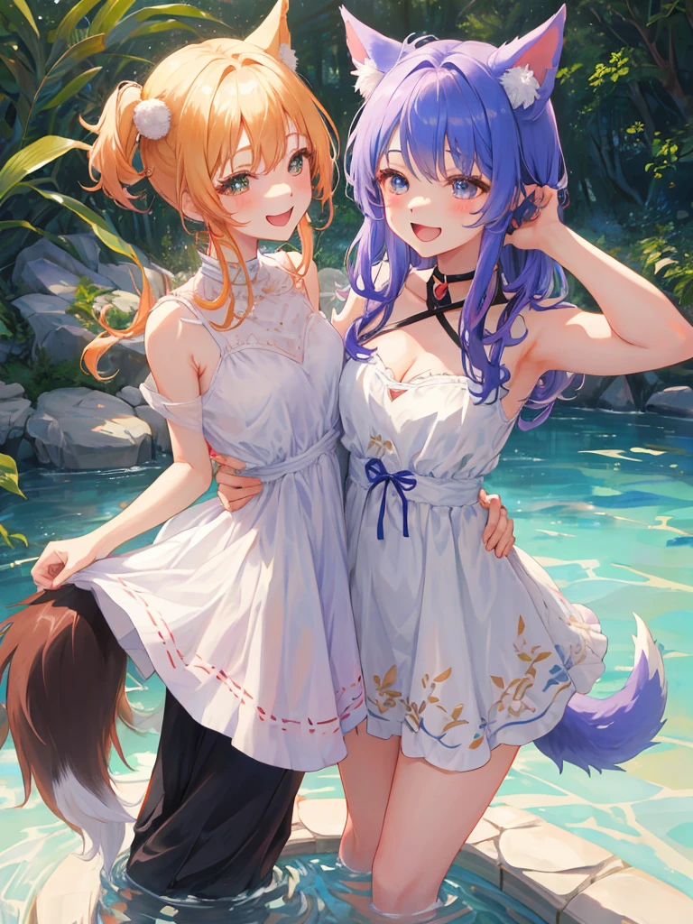 (masterpiece, best quality:1.2)((silver white hair))((violet eyes))((eyes tilted outwards))mature_female hair_bob standing_fox_ears, 2girls, monika(doki doki literature club)((coral brown hair))((emerald green eyes))