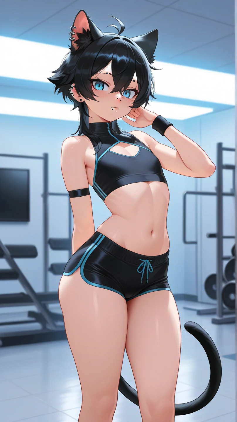 (1 boy:1.5),(dark skin:1.5),(masterpiece:1.2), highest quality, High resolution, unity 8k wallpaper, (fine and beautiful eyes:1.6), highly detailed face, perfect lighting, Detailed CG, (perfect hands, perfect anatomy),20 years old, (black hair:1.3), detailed eyes, best quality, extremely detailed, very precise detailed, (glasses:1.4), , (straight hair:1.5), (evil smile) ,long sidelocks, (blush:1.3),(very short bob:1.4),(blunt bangs:1.4), (greaming skin:1.3),(flat chest),(tank top),(open mouth),bike shorts,(leaning_forward),