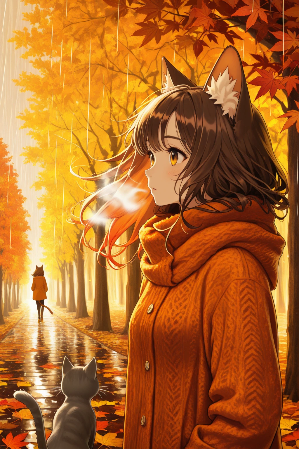 autumn, warm clothes, rain, autumn leaves, dark weather, brown, yellow, orange and red,cat tail,cat ears,animal ear fluff,girl, neko, autumn, autumn theme, walking, long brown hair, autumn, leaves flying, half body, wind blowing hair, beautiful face, elaborate, autumn vibe, autumn aesthetics