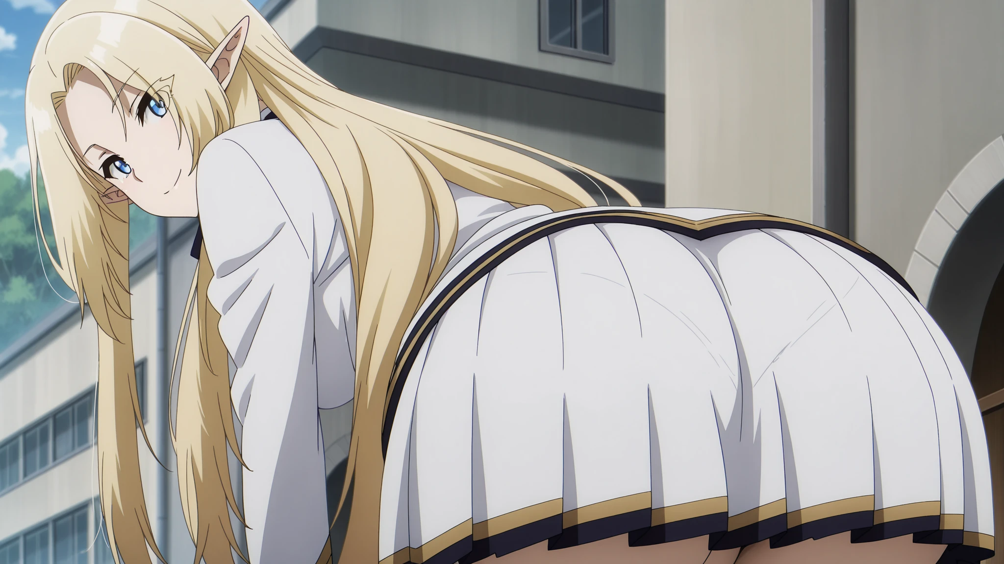 swordmaiden, sword maiden, long hair, blonde hair, blindfold, (black blindfold:1.2), (large ass:1.2),
BREAK dress, necklace, white dress, sandals, habit,,
BREAK looking at viewer,
BREAK indoors, church,
BREAK (masterpiece:1.2), best quality, high resolution, unity 8k wallpaper, (illustration:0.8), (beautiful detailed eyes:1.6), extremely detailed face, perfect lighting, extremely detailed CG, (perfect hands, perfect anatomy),