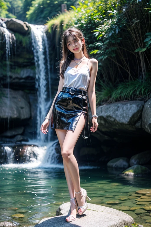 A beautiful girl transformed into a black panther stands next to a waterfall