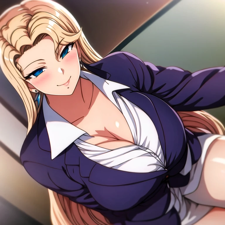 sitting at table, very tempting pose, (blue lingerie), (office room background), ((potrait body)), (cowboy shot), sigui, oda non style, anime cels style, smiling, long hair, pony tail, brown hair, green eyes, 1 girl, 30yo,Young female,Beautiful Finger,Beautiful long legs,Beautiful body, Beautiful Nose,Beautiful character design, perfect eyes, perfect face,expressive eyes, perfect balance, looking at viewer, official art,extremely detailed CG unity 8k wallpaper, perfect lighting,Colorful, Bright_Front_face_Lighting,White skin, (masterpiece:1.0),(best_quality:1.0), ultra high res,4K,ultra-detailed, photography, 8K, HDR, highres, absurdres:1.2, Kodak portra 400, film grain, blurry background, bokeh:1.2, lens flare, (vibrant_color:1.2),professional photograph, (Beautiful,huge_Breasts:1.4), (beautiful_face:1.5),(narrow_waist)