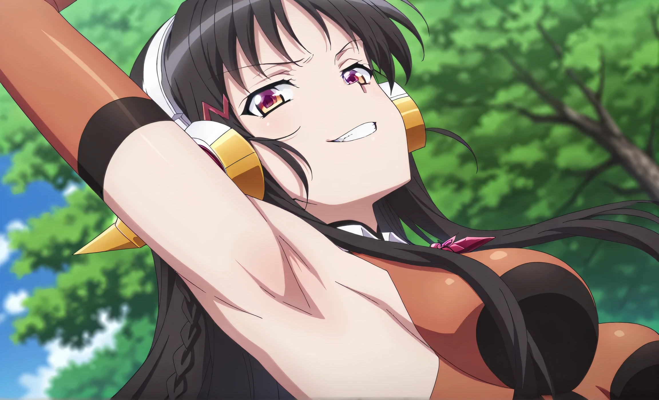 masterpiece, best quality, amazing quality, anime screencap, anime coloring, blurry background, 1girl, solo, suzune horikita, horikita suzune, long hair, black hair, red eyes, braid, medium breasts, hibikigeargx, symphogear pendant, headgear, headphones, hairclip, leotard, elbow gloves, arm up, raised arm, armpit, armpit focus, head towards viewer, (looking at viewer:1.1), evil smile, half-closed eyes, grin, teeth, outdoors, day, from side, from below, armpit up close, close-up of armpit 
