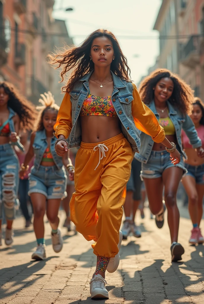 Create a realistic horizontal collage-type image with Latino people, in which footballers are shown, women playing volleyball, woman singing with black leather jacket and microphone, surrounded by dancers dressed in modern clothing. In the background a turquoise sky and grass with blurred clouds.