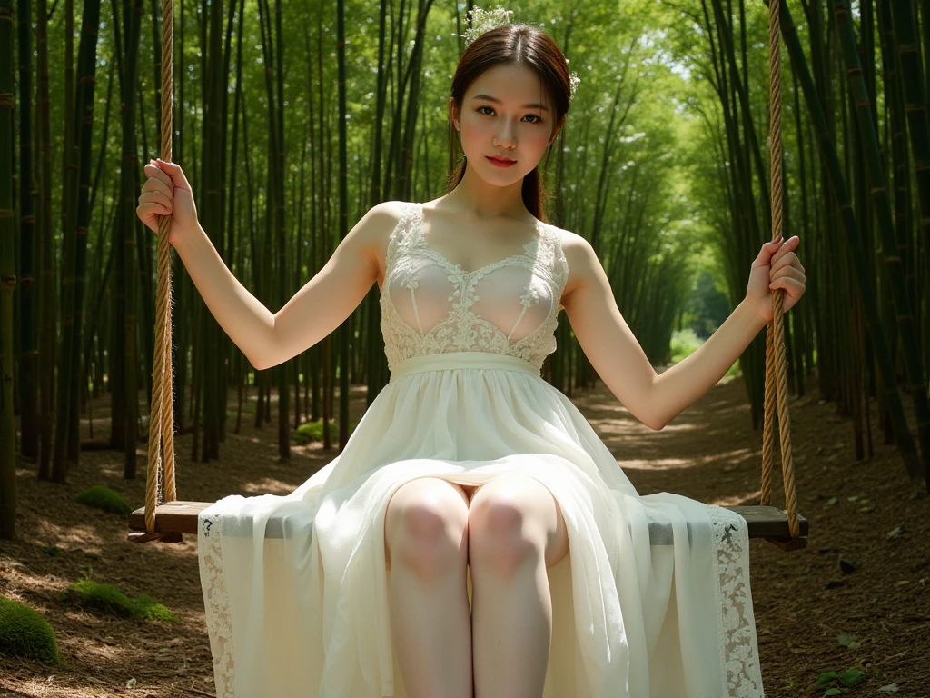 Asian girl with big tits wearing transparent dress sits astride