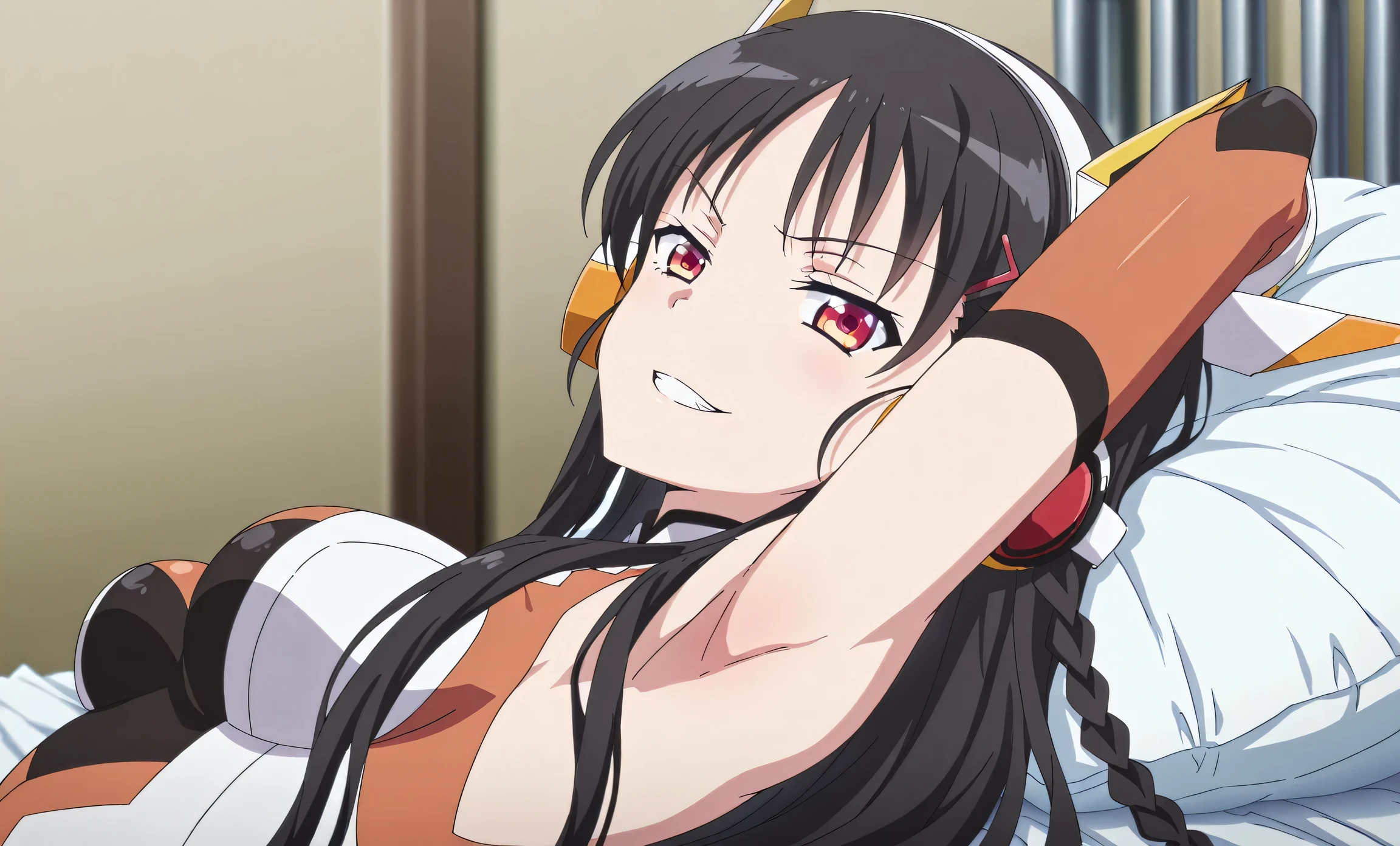 masterpiece, best quality, amazing quality, anime screencap, anime coloring, blurry background, 1girl, solo, suzune horikita, horikita suzune, long hair, black hair, red eyes, braid, medium breasts, hibikigeargx, headgear, headphones, hairclip, leotard, elbow gloves, arm behind head, armpit, armpit focus, head towards viewer, (looking at viewer:1.1), evil smile, half-closed eyes, grin, teeth, lying in bed, from side, sideview, pillow,