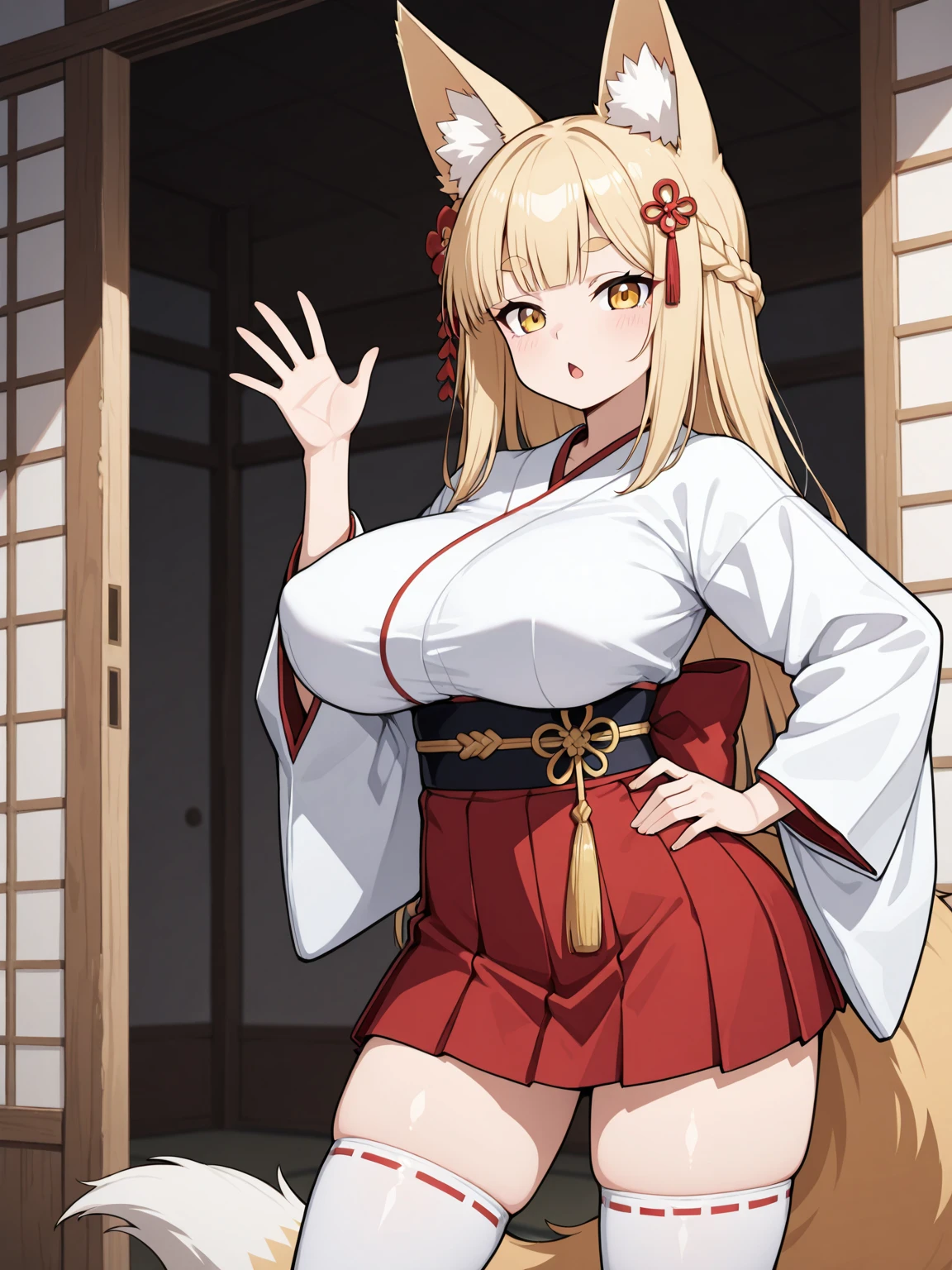 1 girl, long golden hair, fox ears, only fox ears, crimson eyes, detailed deep eyes, very detailed face, blushing, huge breasts, sexy and seductive, wearing red and white erotic kimono, skirt, tall, long nine fox tails, thicc thighs, wide hips, smile, horny, absurdes, high res, ultra sharp, 8k, masterpiece, looking at viewer