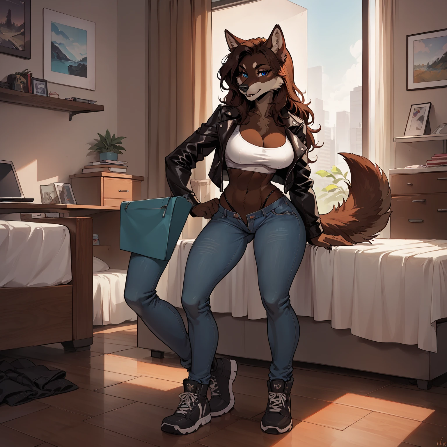 Mature_horse female slight_belly graying_black_mane dark_brown_furry_body blue_eyes milf leaned_back spread_legs thick_thighs large_breasts unbuttoned_plaid_shirt jeans_at_ankles solo Masterpiece best_quality absurdres highly_detailed cleanly_drawn_eyes anthro_only by_claweddrip, by_greasymojo, by_underscore-b, by_runawaystride