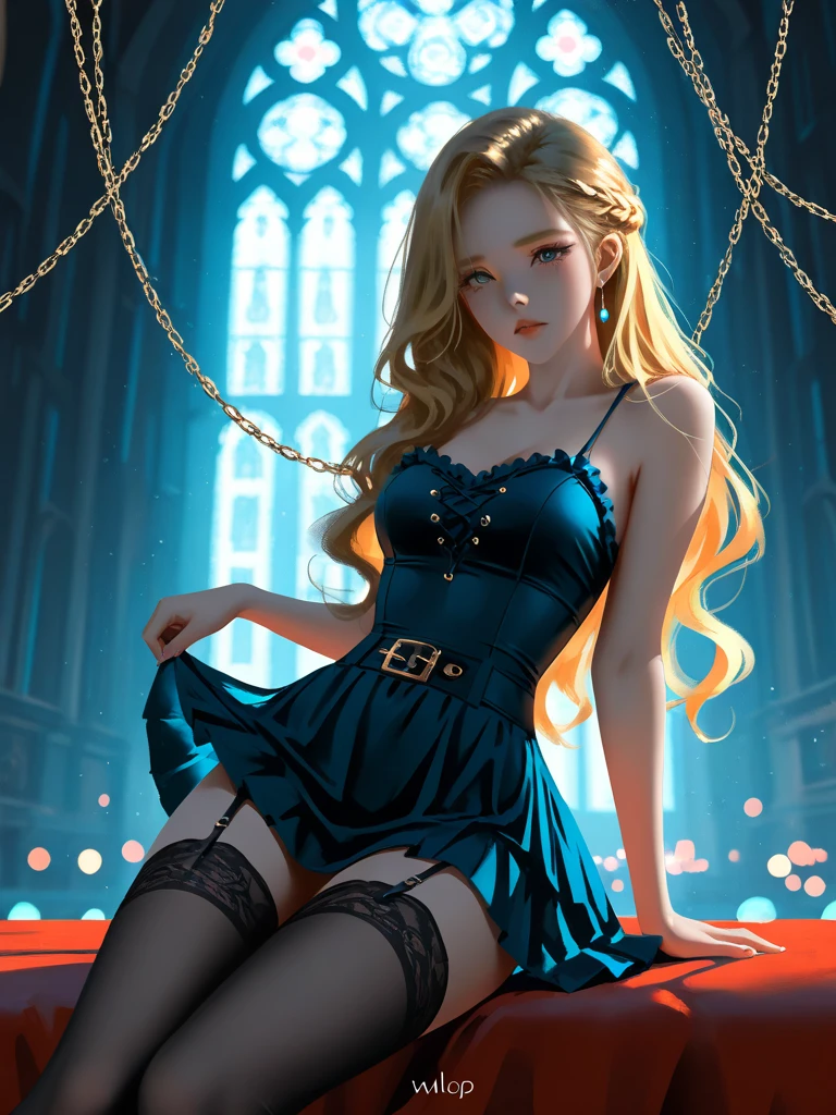 (masterpiece),(top-quality:1.2),1girl in,(masuter piece:1.3),exquisitedetails, Highest quality 8K resolution, Ultra-detailed, Realistic, Vibrant colors, Soft tones, With warm and gentle lighting,(Smooth straight blonde hair:1.2),(Hair parted in the middle:1.3),(Glowing hair),(Dark blue eyes:1.3),White skin, hair clips,Small necklace,A gentle feeling overflows,The sun's rays illuminate joy and pure love, Warm golden glow,The atmosphere is full of happiness and laughter, As if celebrating love,Ultra-detailed depiction and vivid colors,A style that combines romanticism and realism,depth of love,color palettes,Create an ethereal atmosphere like a dream,Lighting is soft and diffused,masterpiece artwork,light light on the face, lace stockings, slender legs, full length view