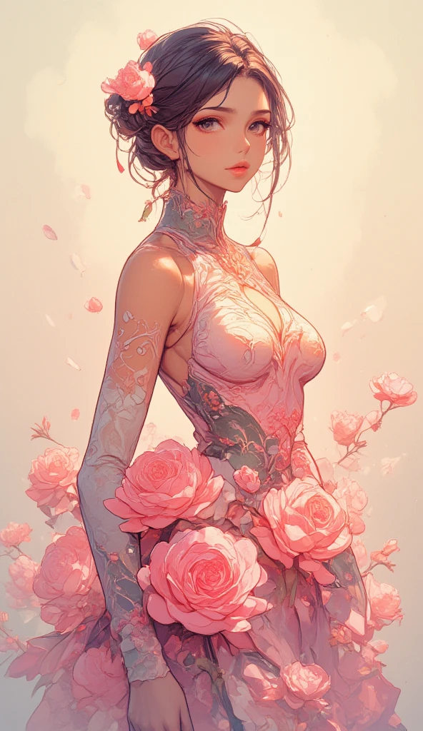 (((masterpiece))),((highest quality)),one beautiful japanese girl,pale, (A character who personifies a rose: 1.5), (Her hair is a thorny rose stem:1.5)、(big breasts:1.5)、(belly button)、(clothes made from rose leaves:1.5)),(private server), (exposure of skin),(The background is a garden:1.5).(((from the front:1.5)))、(straight front: 1.5)、(Thorny rose stems wrap around the body:1.5)、(white rose:1.5)