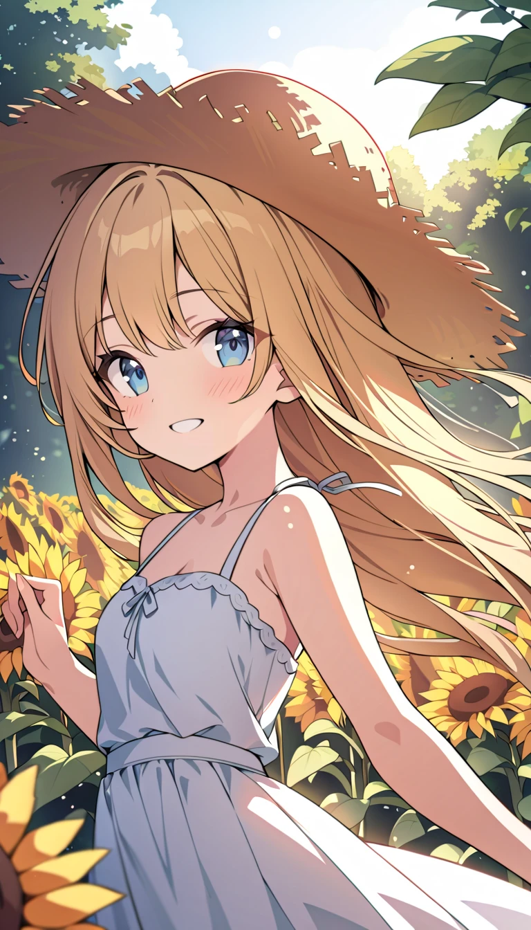 (from below dutch angle:1.2),sunflower field scenery,
blue sky,rainbow,water drop,
cutie girl wearing simple white dress,straw hat on head,
floating hair,wind,smile,
(depth of field:1.3),(lens flare:1.1),