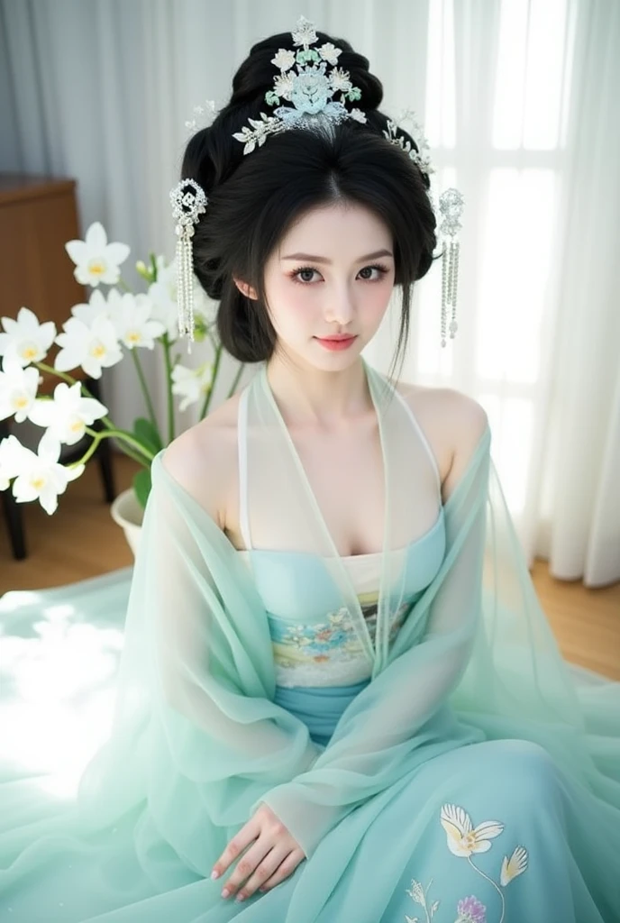 A naked woman seen from the front, bent over on the ground facing forward with her legs spread apart. A Chinese empress from the Qing Dynasty. She is wearing a hairpin and showing her thighs and feet from below.。She is completely naked, showing off her gorgeous large flowers and hairpins, her hair tied up and pulled up, and the background is the stone paving of the Chinese palace of the Qing Dynasty.