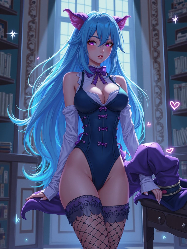 Twalite Sparkle, Twalight Sparkle from the cartoon May Little Pony, Twalight Sparkle in the form of a girl, long hair, lush hair, voluminous breasts, large breasts, lush breasts, bulging breasts, in the library, leather skirt, leggings, shoes, white buttoned shirt, shy