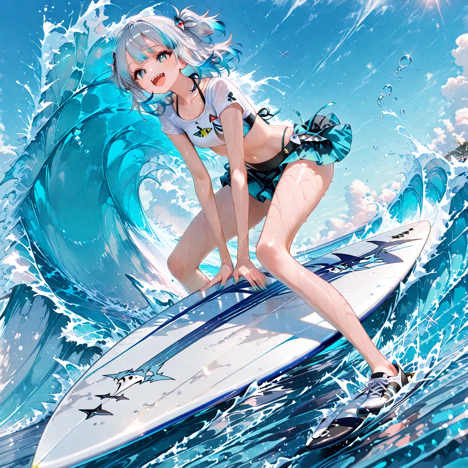 ((Surfer\) riding a surfboard in wave tunnel:1.3), CG unit wallpaper, masterpiece, high resolution, top-quality, top-quality real texture skin, ultra-realistic, increase resolution, RAW photo, top quality ,highly detailed,wallpaper,movie lighting,ray tracing,golden ratio\),bikini\(swimsuit\),rash guard\(very wet\),hair\(length,wet,shiny\) ,(bikini tan),surfer,surfing\((riding a surfboard:1.4),riding the wave\),wet skin,(dynamic pose:1.2),surfboard,smiling\) (riding surfboard:1.4), Break ,background\((big wave\(rolling,beautiful,clear,(motion blur:0.5)\):1.4),beautiful sea\(whitecaps\),beautiful ocean,beautiful coral,beautiful fish,beautiful sky, Beautiful sunlight, reflection, golden hour, water splashing, you can see the wind blowing\), (Dynamic angle: 1.4),
break,
((Beautiful clear blue eyes:1.2)),very kind eyes,eyes wide open,beautiful eyelashes,beautiful lower eyelashes,
break,
((Beautiful and shiny silver hair:1.3)),A dazzling smile, a bursting smile, an open mouth laugh,(close-up of face)