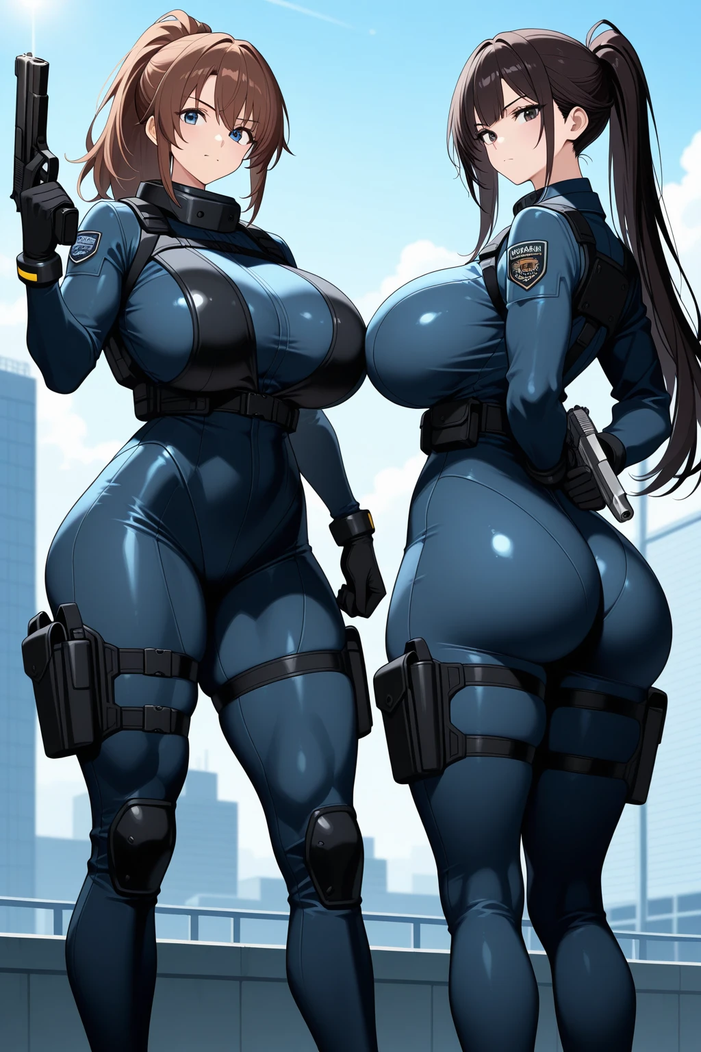 (8K ,Ultra-detailed,Super real photos,Best masterpiece,Nature,perfect work of art,perfect female body),two women,Sister and sister, sisters,rainbow hair,perfect face,(huge tits),neighbor wife,woman hairstyle,elegant wife,At the police station,Exquisite and ,wearing police officer uniform,police uniform,super short thong,穿着低胸露肩police uniform,T-shaped small,huge big,naked leg,full body shot,elastic muscles,raised raised raised,Obscenity exposed