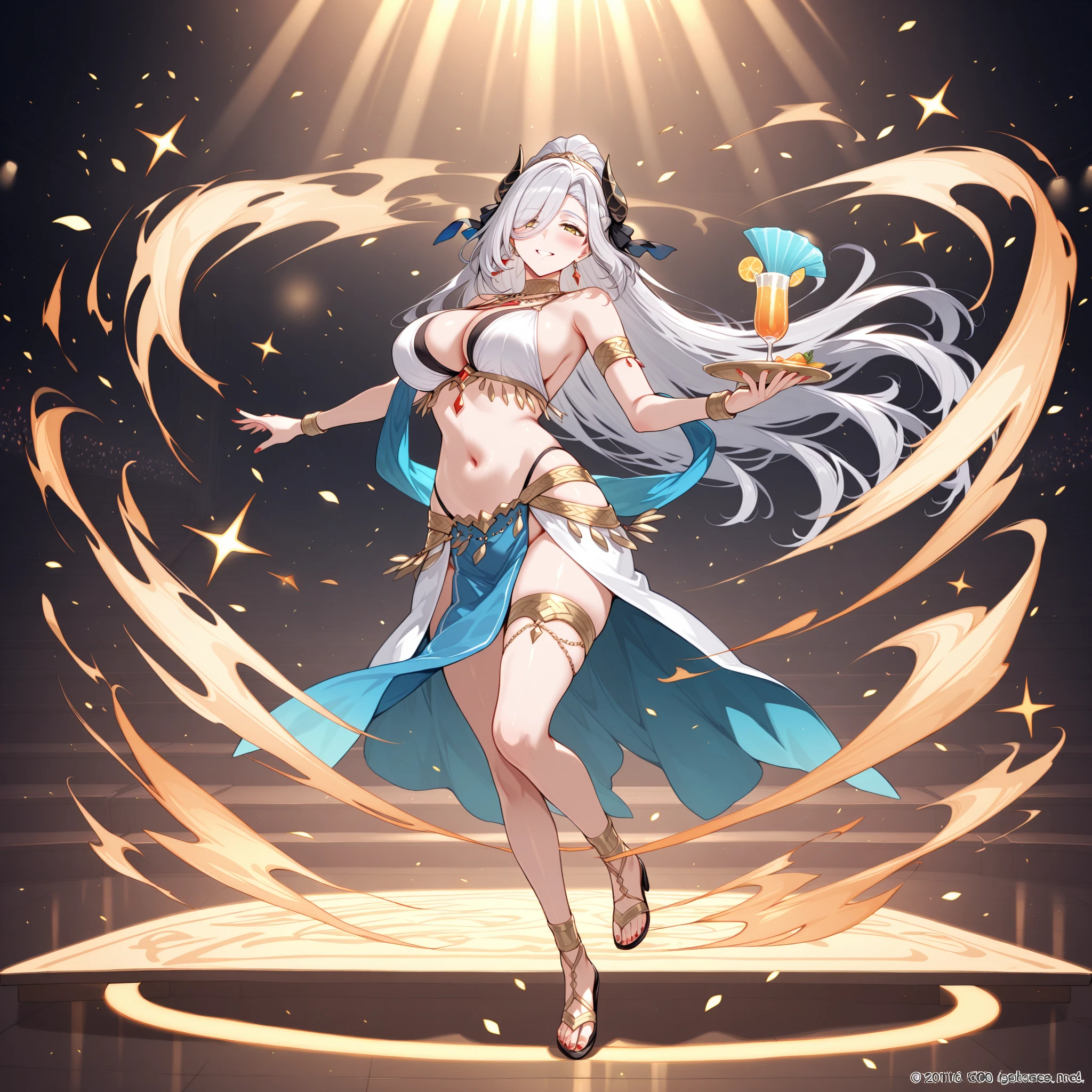 (crystal artifact), (metallic accessory), dancing(ethnic priestess), (gold embroidered garment), (sharp thong), narrow constricted waist, small hips, (dark color)eyes(highlights), slender legs, fantasy, mythical altar, (engraved stone)