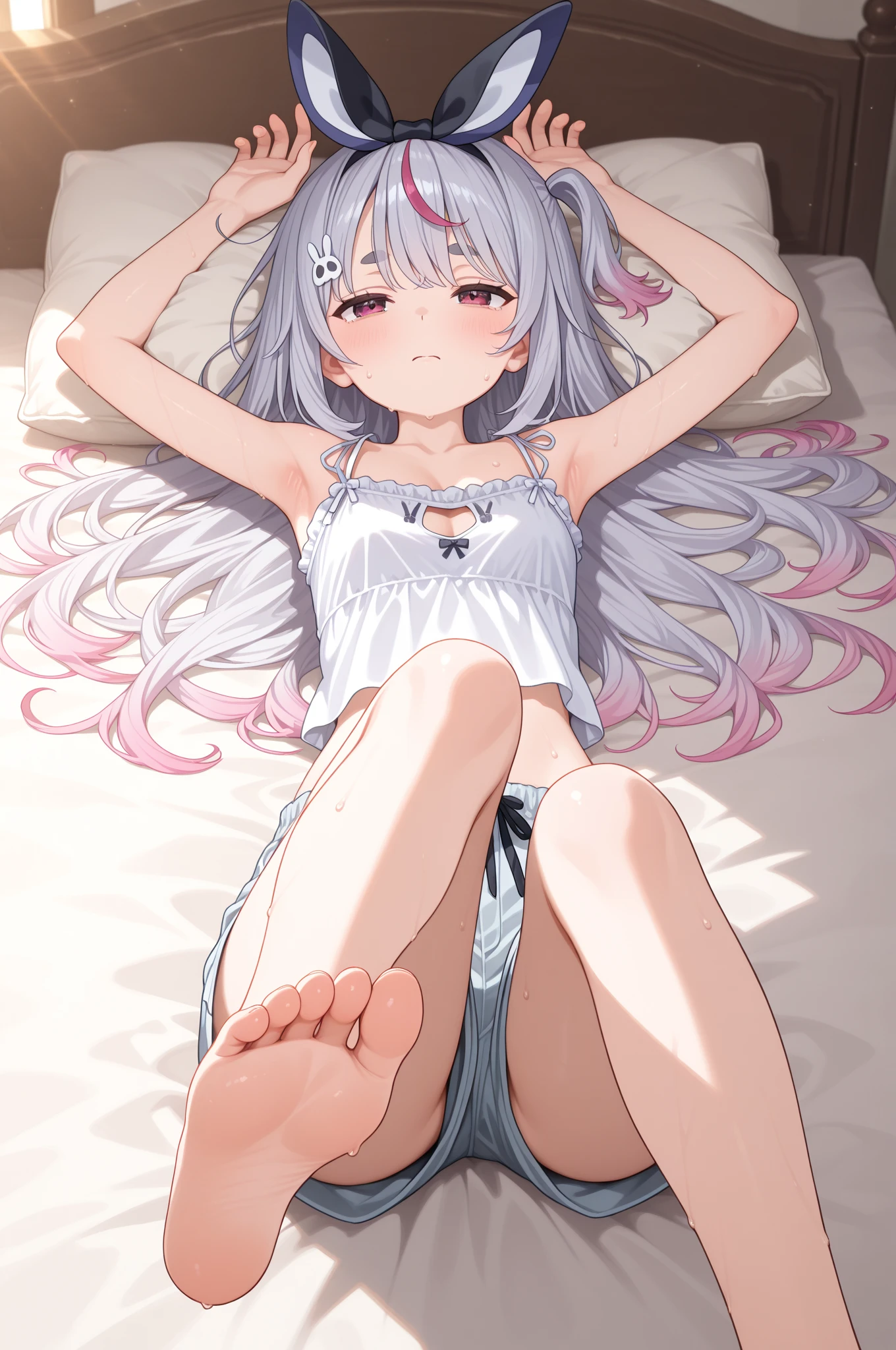 Masterpiece、Anime Coloring、Ultra fine、8k、Silver Hair、Half Up、light blue eyes、whole body、looking at the camera、blush、((lie on bed))、indoor、Small breasts、((Pink floral bra、In underwear、))Golden cat ears、View your viewers、