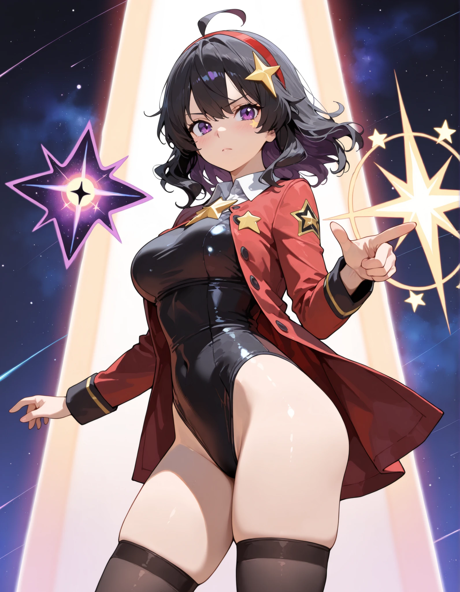 masterpiece, highly detailed, best quality, high quality, solo, solo focus, 1girl, college-age woman, (medium hair, black hair, wavy hair, red hairband), ahoge, (white blouse with black star (symbols), red jacket with star (symbols), open jacket), medium breasts, (black leotard), (bare legs), (black thigh-highs, red high-heel shoes), purple stellar energy around, cosmic power, cosmic shining power. (purple eyes, beautiful detailed eyes), beautiful detailed face, cute face, (perfect hands), complete fingers, perfect anatomy, perfect proportions. (pointing index finger with right hand), (casting a spell). full body costume design, full body, cowboy shot. serious