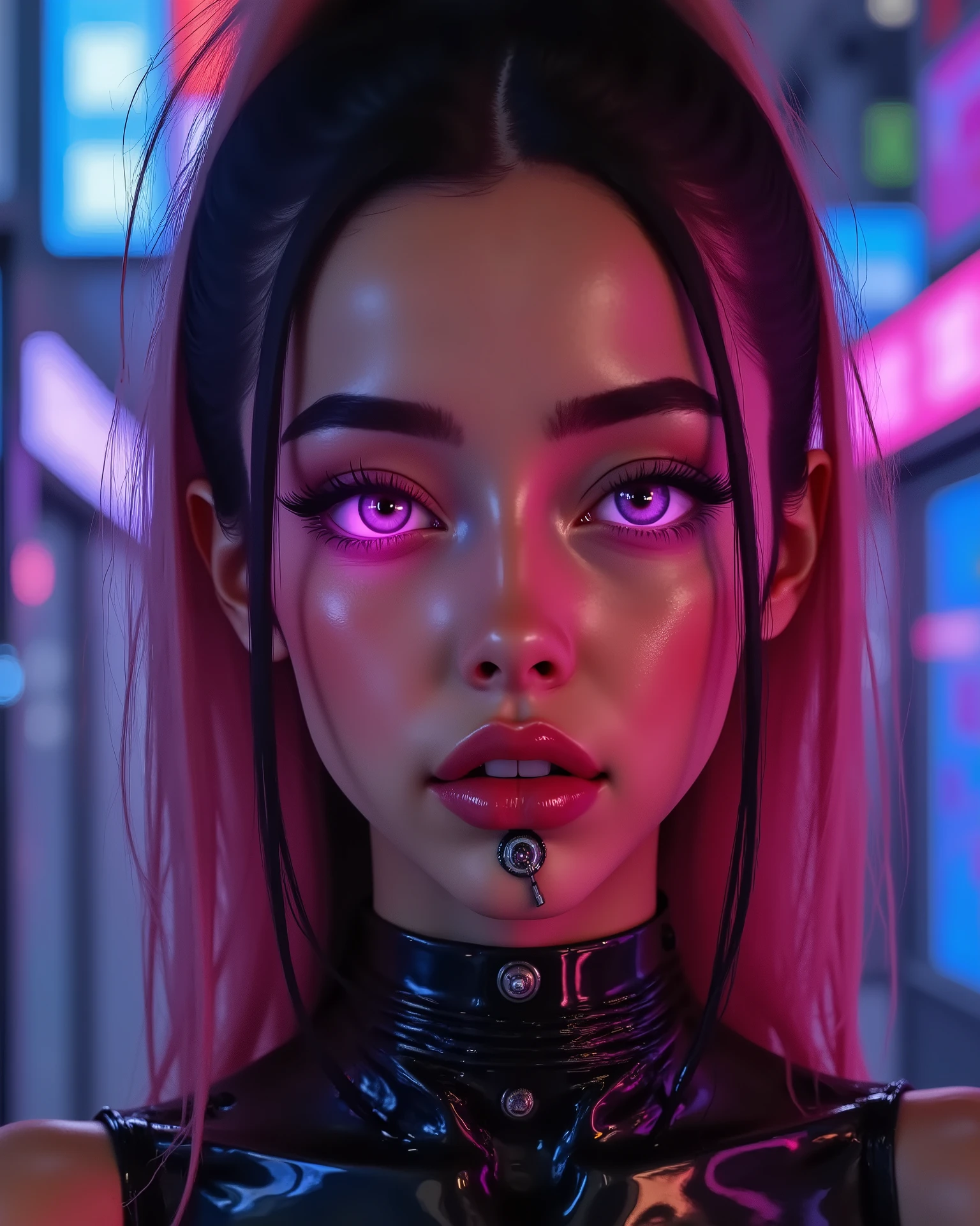 Ultra-realistic close-up portrait of a beautiful female cyborg in a futuristic cyberpunk world, facing slightly upward with a confident expression. Her skin is smooth and porcelain-like with subtle violet-blue tones reflecting glowing neon lights. Her eyes emit an intense pink neon glow, highly detailed like a complex futuristic optical lens, with visible inner mechanisms and reflections. Her face is partially augmented with sleek biomechanical implants on the temple and jawline, showing integrated circuit paths, metallic plating, and a glowing interface module near the forehead.
Her lips are full and slightly parted, with a glossy finish catching ambient neon reflections. Her hair is long, flowing, and partially synthetic, with vibrant strands of electric pink and magenta that shimmer under the intense city lights. The hair cascades around her face with realistic strand detail, slightly wind-swept. The background is abstract and dark, suggesting a futuristic dystopian corridor or city alley, softly lit by glowing pink and violet lights from digital panels and distant advertisements.
Photorealistic rendering, cinematic lighting, soft bokeh background, high contrast, extreme detail in facial textures, glossy materials, depth of field, soft shadows on her cheekbones
