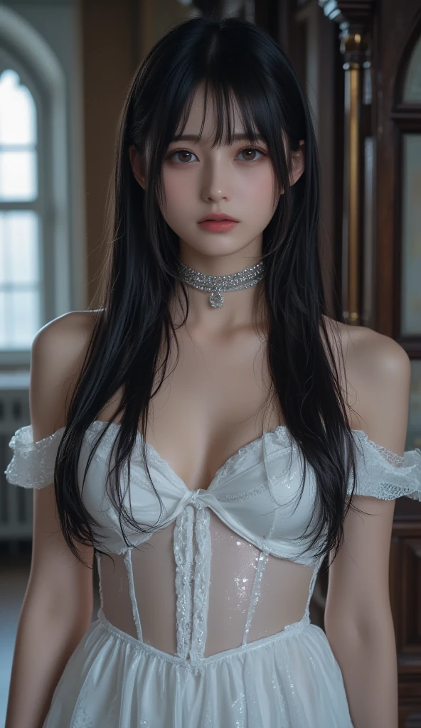 13 year old girl with pale skin and long teens, Straight black hair. Big, Dark eyes , With an intense and enigmatic look. a smile、Wear Orphan Movie Clothing Styles, With a more elegant and sophisticated touch, Match her mysterious and intense personality. Overall, Her appearance is impressive, Attract curious and intriguing looks. flat-chest, Cinematic lighting, chromatic abberation, Backlighting, masutepiece, high details, High quality, 4K.