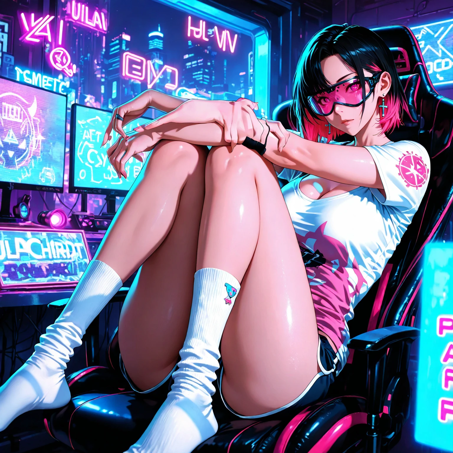 riana Grande, cyberpunk, lying on her bed, NSFW