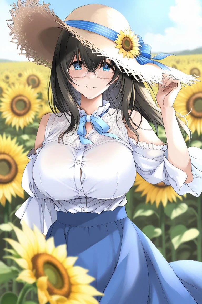 ((highest quality)), ((masterpiece)), (detailed), Perfect Face、very cute、summer、A very large sunflower field、student、uniform、Short sleeve、Straw hat、Blue ribbon、Big Breasts、I can see my breasts through the gap in my shirt、smile