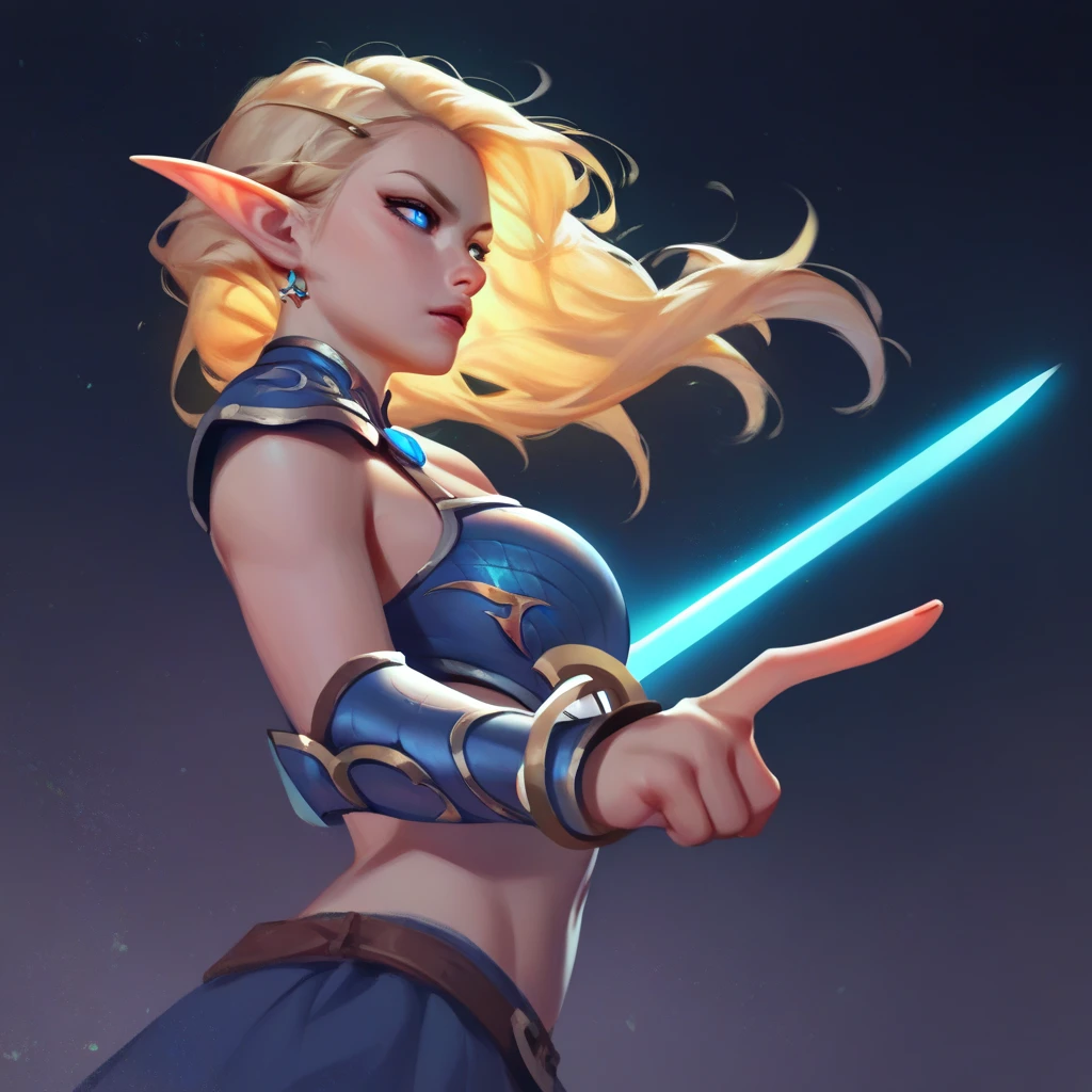 solo (strapless, navel, armlet, tribal skirt, tribal)
(bangs)
(makeup)  showcasing her skills with a lightsaber swinging