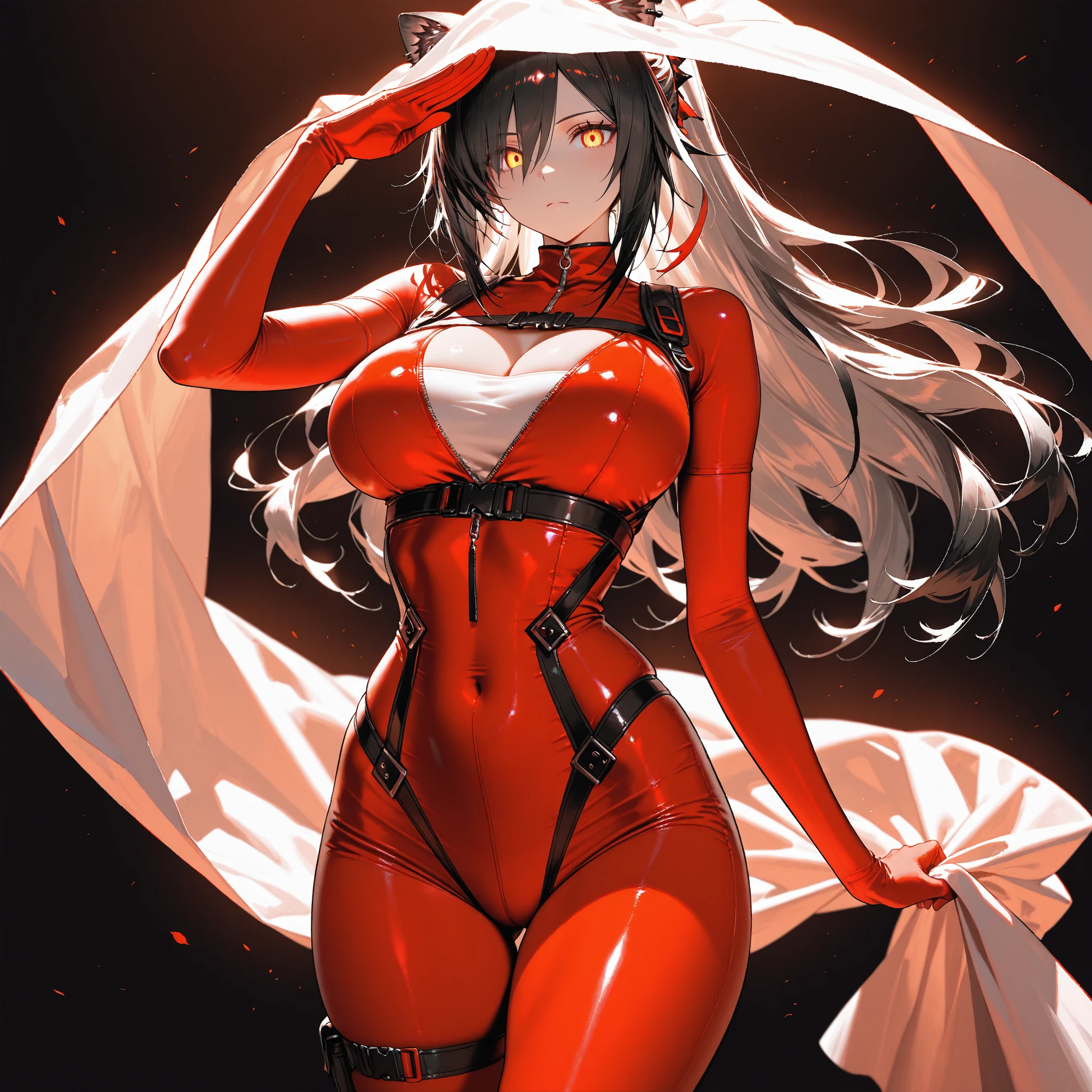 tall girl jumping, long black hair, hime cuts, milf, big tits, red eyes, tight suit, full body, white suit