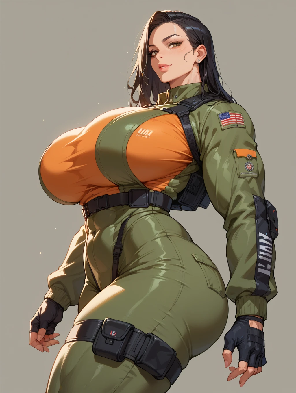 Military woman, curvy, athletic body, bob haircut