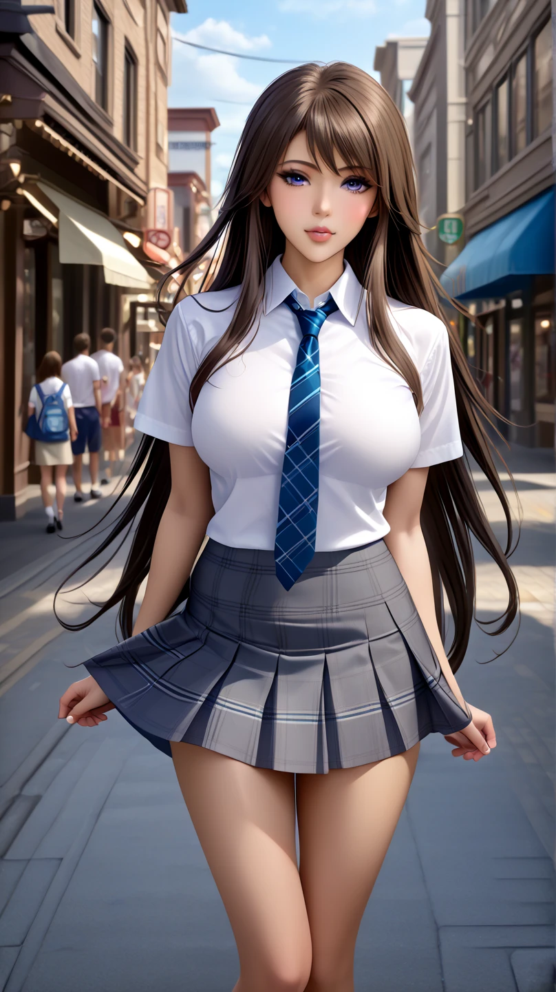 best quality,1girl,((big breasts:1.3)),orgasm,blush,sweat,steam,Mizuki Yukikaze, hair ribbon, , white shirt, short sleeves, blue necktie, pleated skirt, blue skirt, white thighhighs,mini skirt,lift skirt,upskirt,white panties,lace panties,crowd,park,clothes tug,skirt tug,wind,wind lift